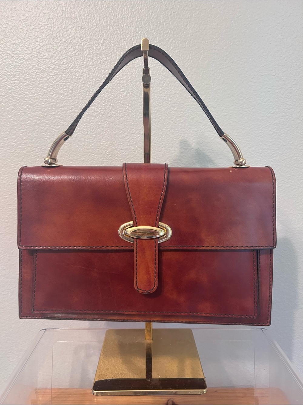 Mugnai Firenze Classic Structured Leather Top-Handle Bag in Chestnut Brown